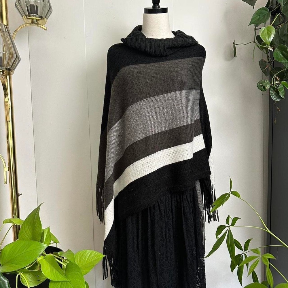 Striped Turtleneck Poncho Grey Black White Fringe Knit One Size Boho Minimalist